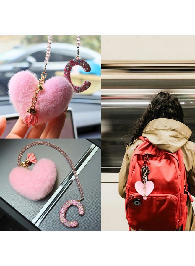 MOTOFITOOL Bling Pink Car Accessories for Women Letter Charm, Rainbow Color Rear View Mirror Cute Crystal Pendant Car Decorations, Lucky Gifts Diamond Rhinestone Charm Interior (C, Tassel Heart) - Image 5
