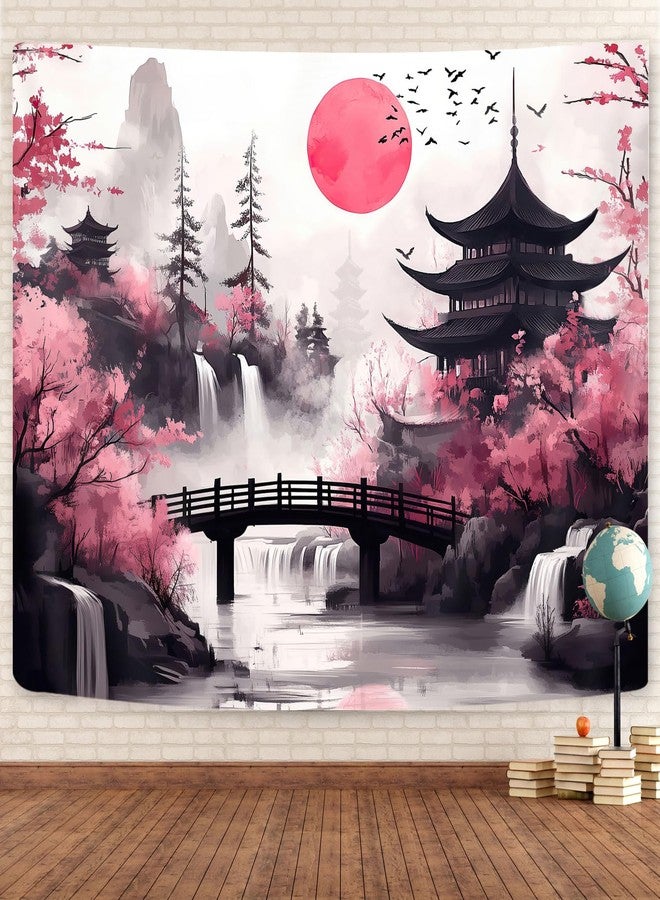 GOAOK Japanese Anime tapestry, Cool Japan Cherry Blossom Floral Mountain Waterfall Sun Asian Oriental Abstract Ink Art tapestry, Black Pink Nature Landscape Tapestries for Living Room College Dorm, 80X60IN - Image 2