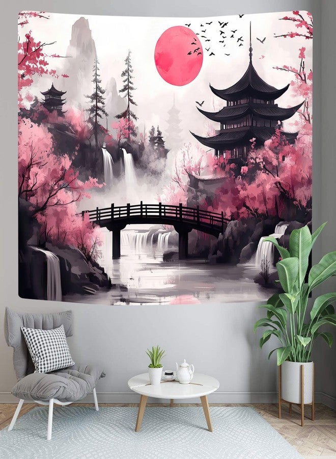 GOAOK Japanese Anime tapestry, Cool Japan Cherry Blossom Floral Mountain Waterfall Sun Asian Oriental Abstract Ink Art tapestry, Black Pink Nature Landscape Tapestries for Living Room College Dorm, 80X60IN - Image 5