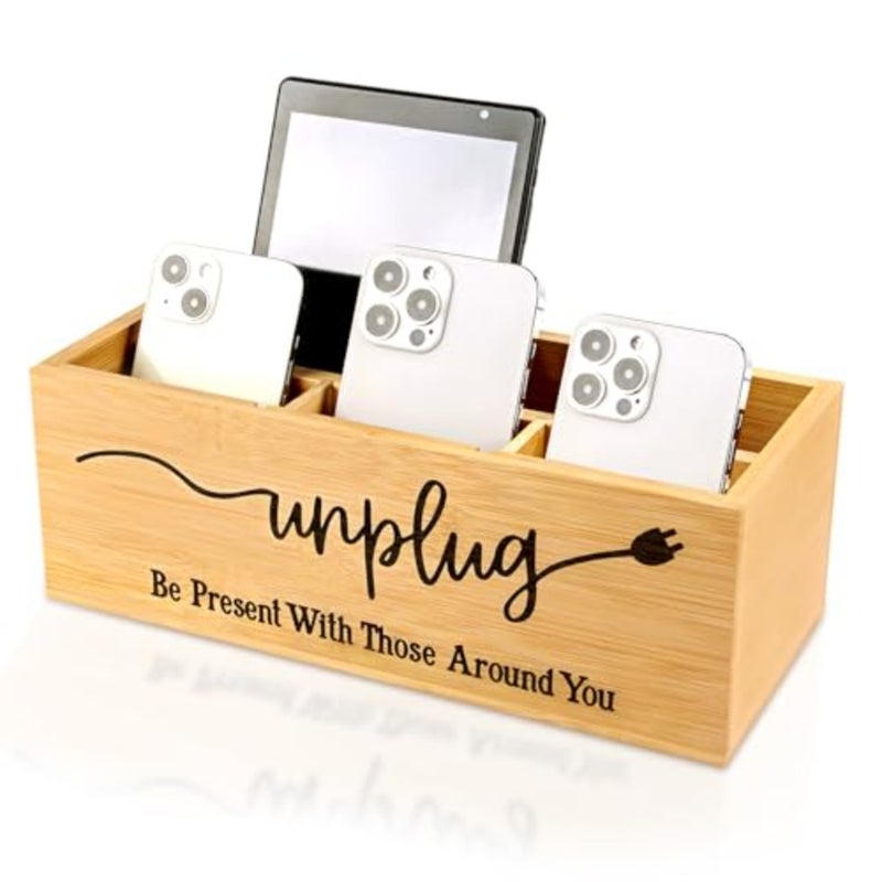 Bamboo Wood Phone Box Unplug from Phones, Tablets, and Electronics for Study, Meetings, and Family Time, Phone Holder Organizer with Charging Holes, Farmhouse Style, Holds Up to 18 Phones-Wood - Image 1