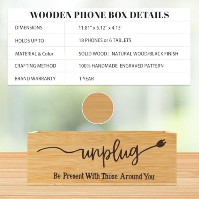 Bamboo Wood Phone Box Unplug from Phones, Tablets, and Electronics for Study, Meetings, and Family Time, Phone Holder Organizer with Charging Holes, Farmhouse Style, Holds Up to 18 Phones-Wood - Image 3