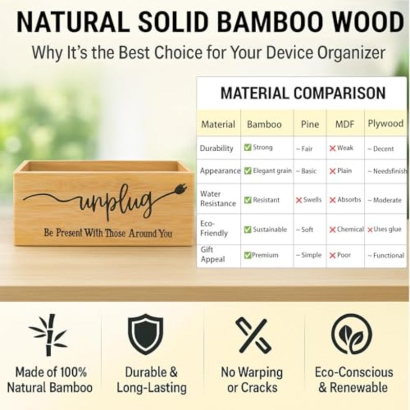 Bamboo Wood Phone Box Unplug from Phones, Tablets, and Electronics for Study, Meetings, and Family Time, Phone Holder Organizer with Charging Holes, Farmhouse Style, Holds Up to 18 Phones-Wood - Image 4