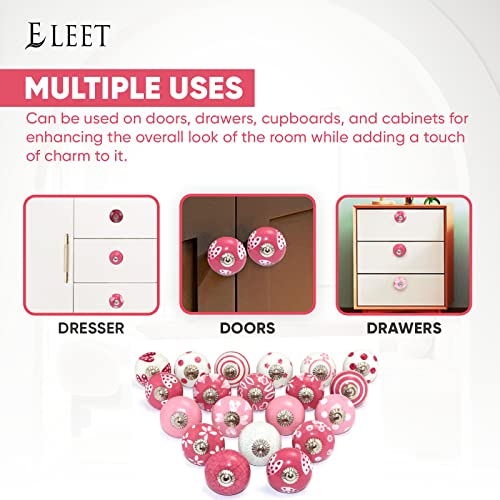 Eleet Assorted Ceramic Cabinet Knobs - Vintage Cabinet Cupboard Door & Drawer Pulls Chrome Hardware (Ceramic Knobs Set of 20, Dark Pink & White) - Image 5