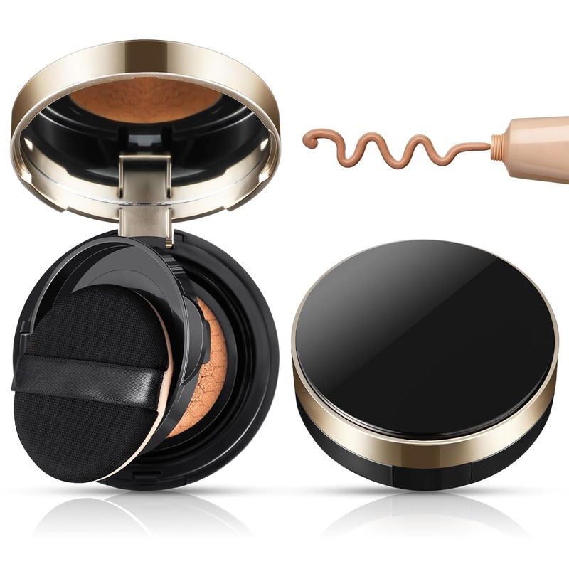 SYOSI Empty Luxurious Cushion Foundation Box, Portable BB Puff Container with Air Sponge, Powder Puff, and Mirror for Women, Travel Sunscreen Compact, 2 Pcs, 15g, Black - Image 1