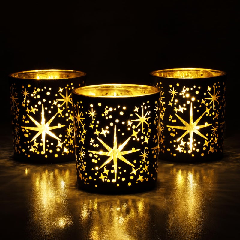Toptime Votive Candle Holders Black and Gold, Glass Tealight Candle Holder Set of 3 with Stars Pattern, Vintage Tea Light Holders for Christmas Table Centerpiece Birthday Party Vanlentine's Day - Image 1