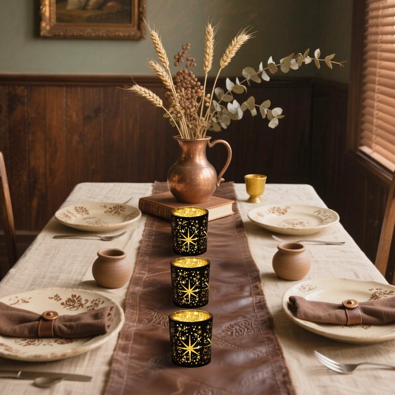 Toptime Votive Candle Holders Black and Gold, Glass Tealight Candle Holder Set of 3 with Stars Pattern, Vintage Tea Light Holders for Christmas Table Centerpiece Birthday Party Vanlentine's Day - Image 4