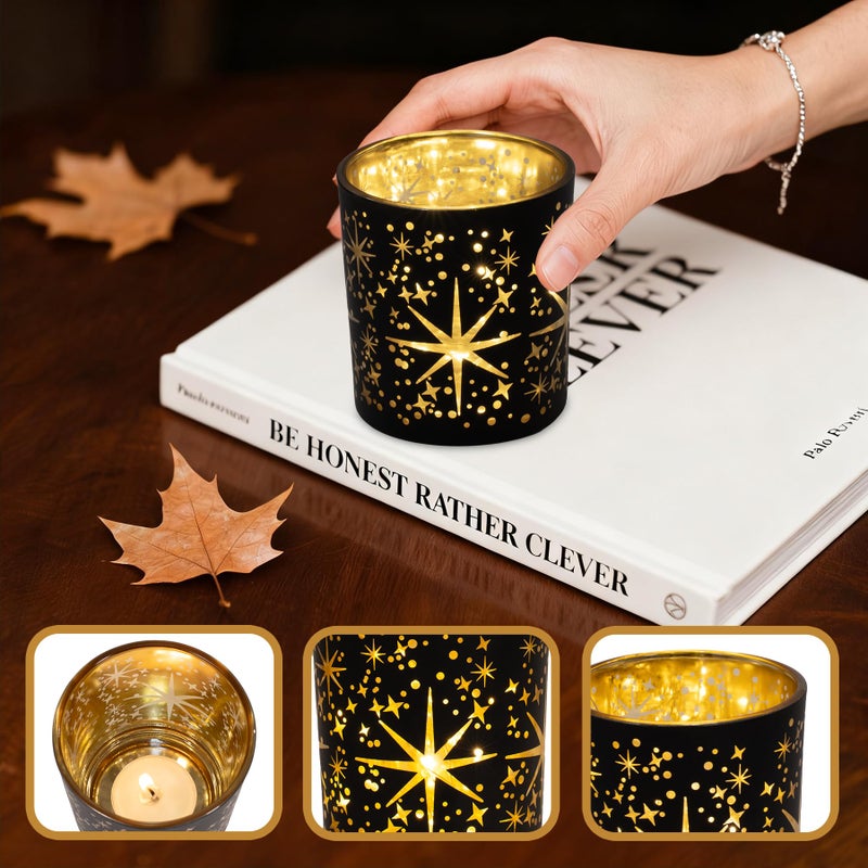 Toptime Votive Candle Holders Black and Gold, Glass Tealight Candle Holder Set of 3 with Stars Pattern, Vintage Tea Light Holders for Christmas Table Centerpiece Birthday Party Vanlentine's Day - Image 2