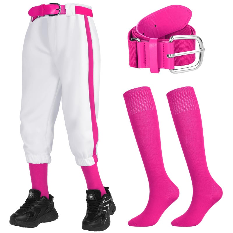 Cozypower 3 Pcs Baseball Pants Combo Set Men Youth Boy and Girls Softball Pants with Socks and BeltsHot Pink White1012 YearsKid - Image 2