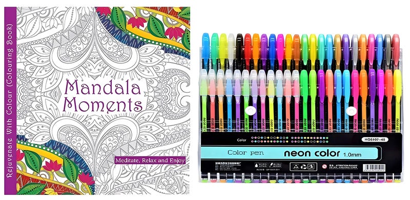 Definite Art Mandala Coloring Book with 90 Pages and Color Filling Gel Pens 1.00 MM Nib (48 Colorful Pens) for Relaxing Mind Rejuvenating Concentration Activity Practice, Multicolor - Image 1