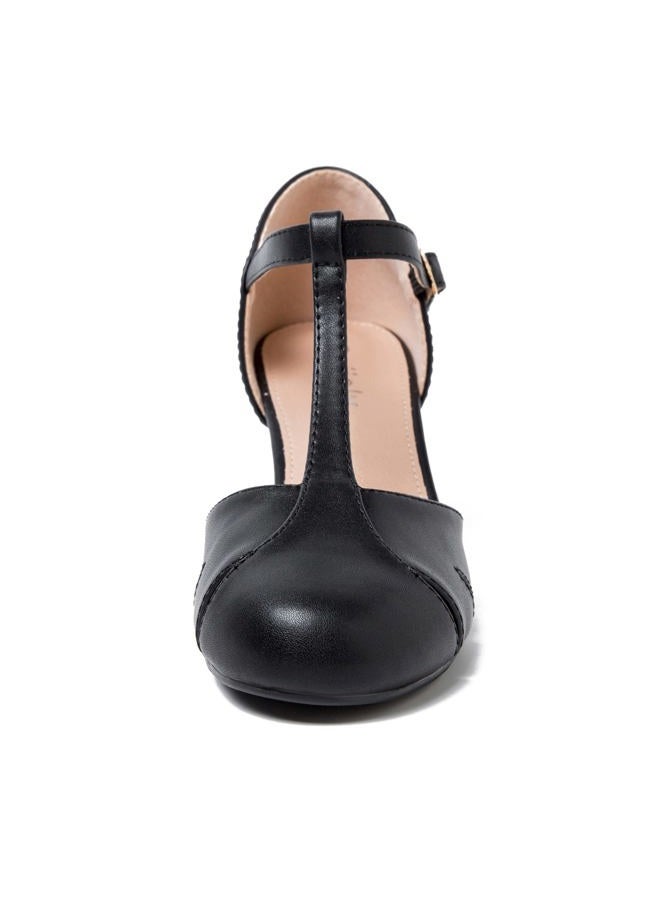 Peijely Women's T-Strap Block Heel Pumps, Ankle Buckle Closure, Classic Cut Out Round Toe Dress Shoes, Matte Black, 7 - Image 5