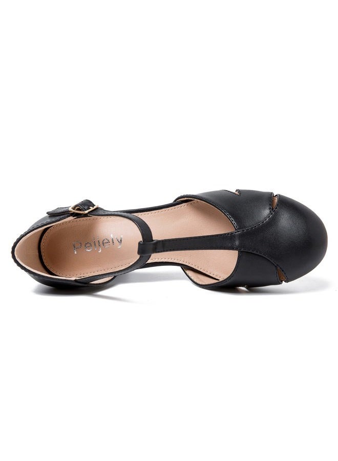 Peijely Women's T-Strap Block Heel Pumps, Ankle Buckle Closure, Classic Cut Out Round Toe Dress Shoes, Matte Black, 7 - Image 4