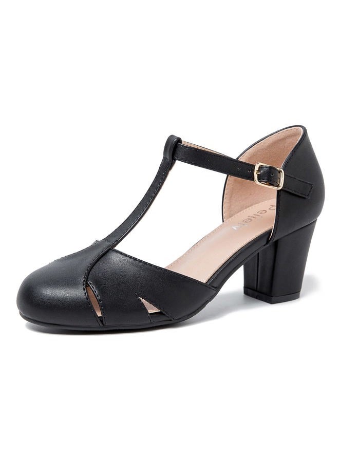 Peijely Women's T-Strap Block Heel Pumps, Ankle Buckle Closure, Classic Cut Out Round Toe Dress Shoes, Matte Black, 7 - Image 1