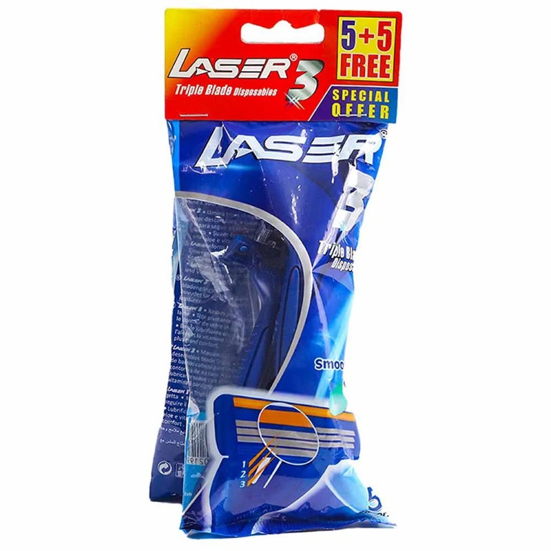 Laser 3 Triple Blade Disposable Razor with Smoothstrip, Blue - 5+5 Razor Pack