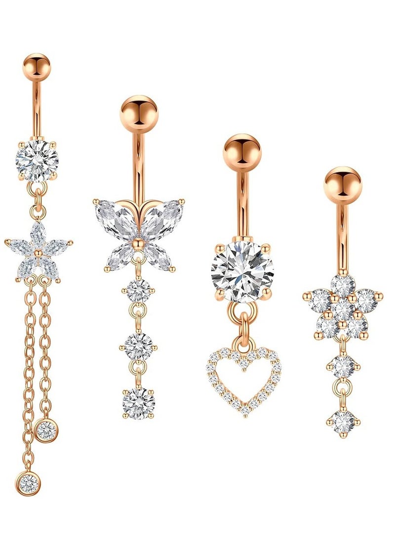 Innoshine 4 PCS rose gold belly button hoop with dangle navel piercing  Stainless steel Belly Piercing ring for women, fashion Rhinestone studded body piercing jewelry  Long Dangle  belly Piercing Jewelry  ideal jewelry gifts for party &graduation & birthday & wedding  - Image 1