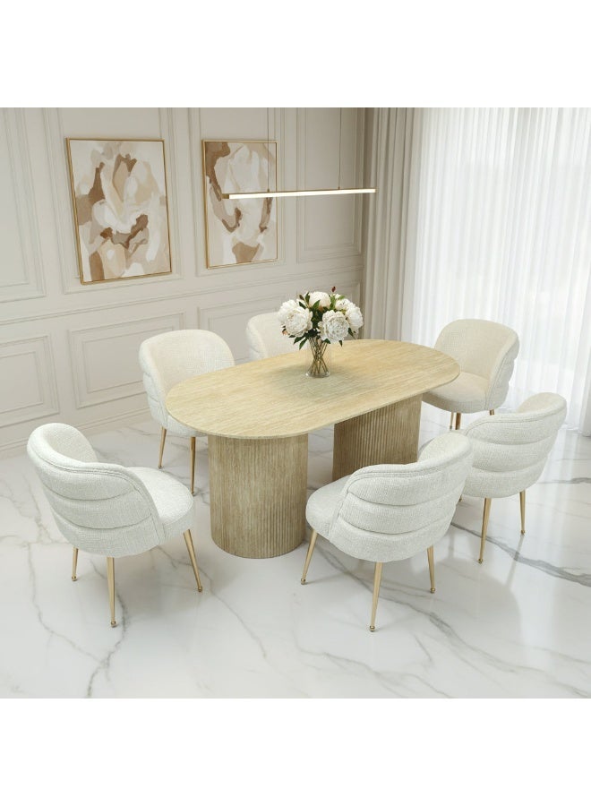 VANITY LIVING Dining Table Set 6 Seater – Avellino Cream Travertine Marble Style Table with 6 Dania Cream Chairs, Gold Legs – Modern Larg Dining Room Furniture for Kitchen & Villa Homes - Image 1