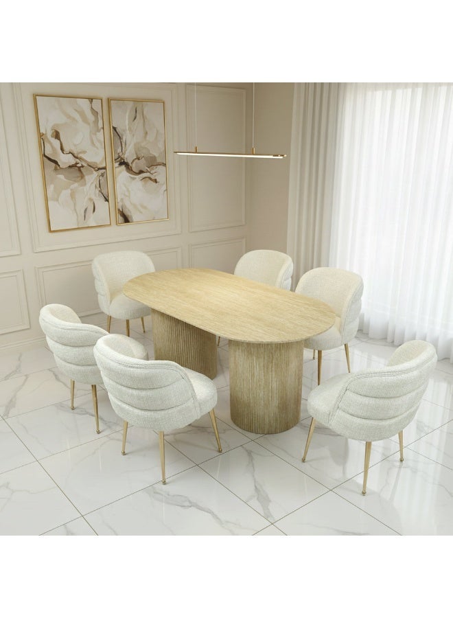VANITY LIVING Dining Table Set 6 Seater – Avellino Cream Travertine Marble Style Table with 6 Dania Cream Chairs, Gold Legs – Modern Larg Dining Room Furniture for Kitchen & Villa Homes - Image 2