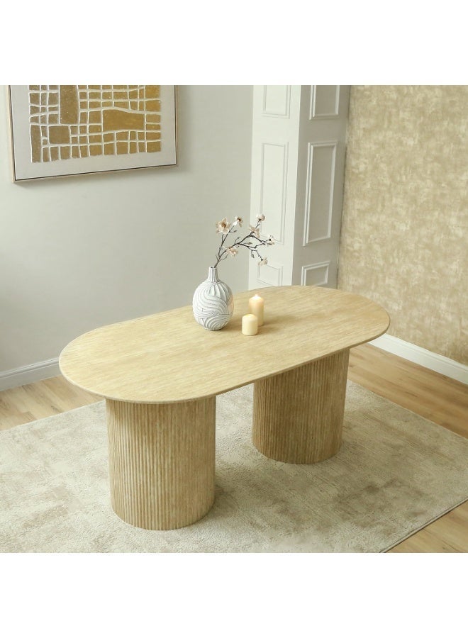 VANITY LIVING Dining Table Set 6 Seater – Avellino Cream Travertine Marble Style Table with 6 Dania Cream Chairs, Gold Legs – Modern Larg Dining Room Furniture for Kitchen & Villa Homes - Image 5