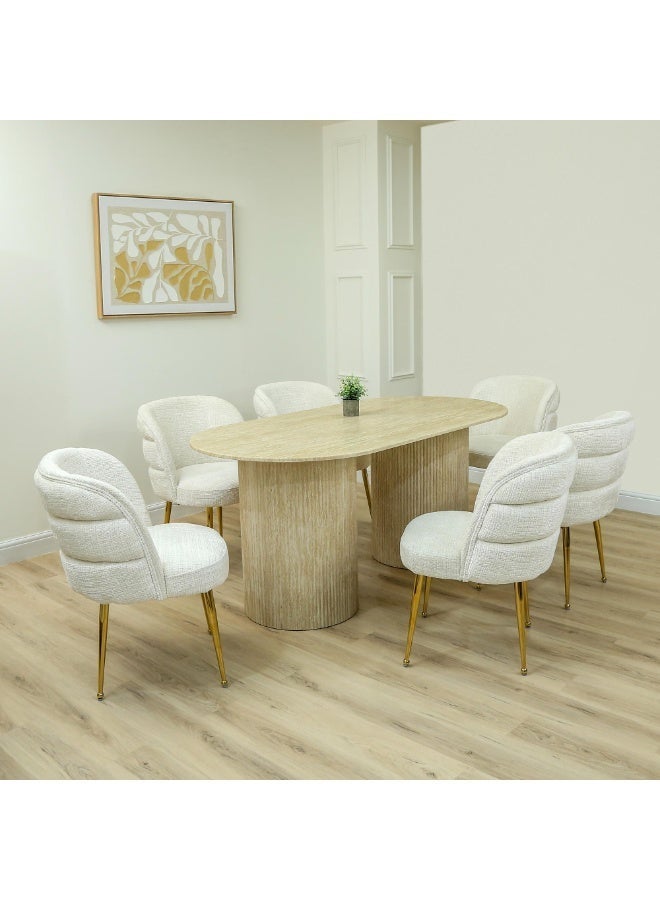 VANITY LIVING Dining Table Set 6 Seater – Avellino Cream Travertine Marble Style Table with 6 Dania Cream Chairs, Gold Legs – Modern Larg Dining Room Furniture for Kitchen & Villa Homes - Image 3