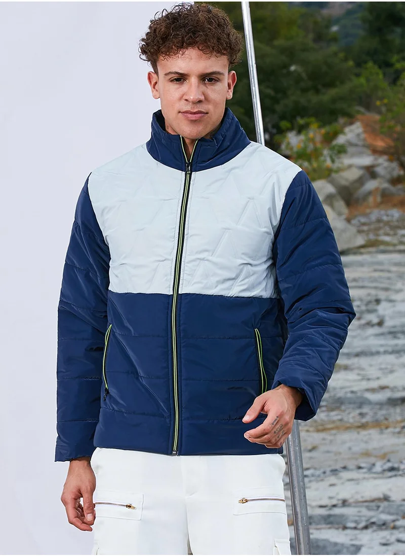 Campus Sutra Men's Navy Blue & Moon Grey Parachute Puffer Jacket