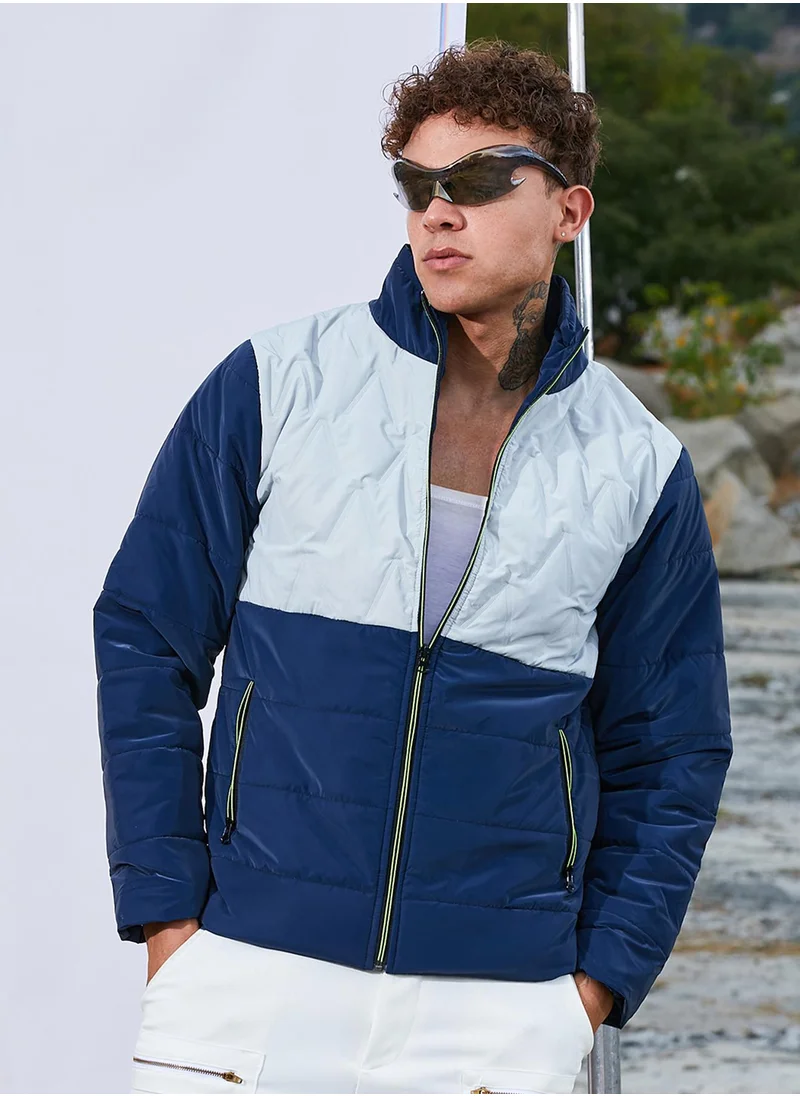 Campus Sutra Men's Navy Blue & Moon Grey Parachute Puffer Jacket