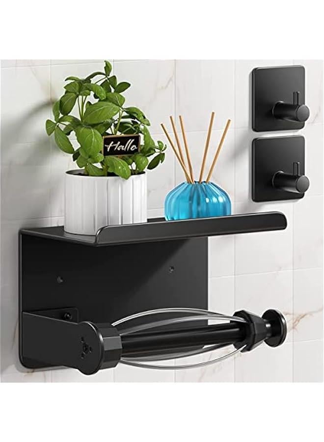 بي دبليو اس جاي حامل ورق تواليت مع رف وخطافي م الميكاكوز، حامل ورق تواليت قال للتشغيل يد ة مع تأثير تخميد، حامل ماديل اسود لولي مع رف للجوال، للحمام - Image 1