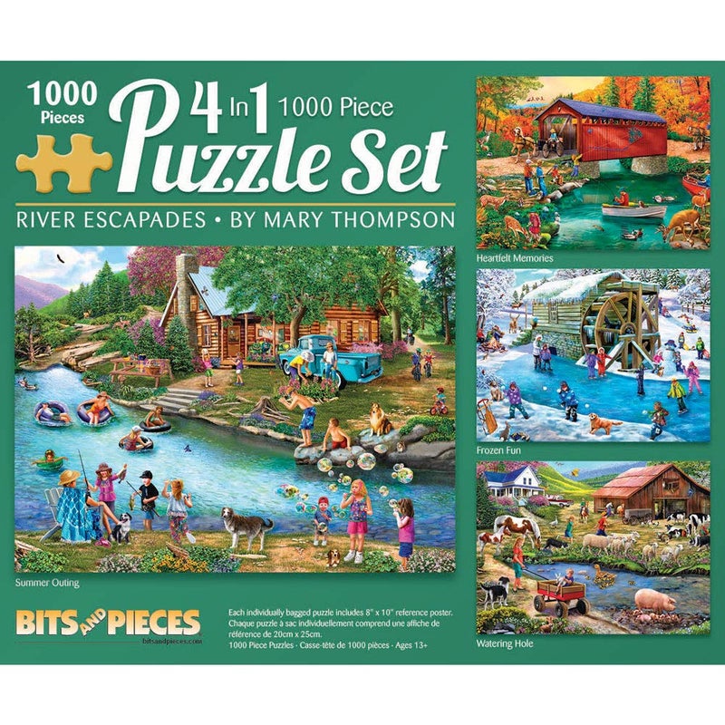 Bits and Pieces – 4-in-1 Multi-Pack 1000 Piece Jigsaw Puzzles for Adults – River Escapades Jigsaw Puzzle Set Bundle by Artist Mary Thompson, Completed Puzzle Size: 20" x 27" - Image 1