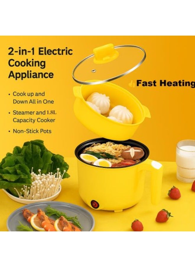 كيمايا قدر كهربائي متعدد الوظائف سعة 1.8 لتر مع مصفاة بخار لتحضير الشابو شابو، والقلي السريع، والنودلز، والأرز، والبيض، والمعكرونة، ومقلاة غير لاصقة للقلي السريع، وجهاز طهي رامين بتحكم مزدوج للطاقة، مثالي للسكن الجامعي والمنزل والمكتب. - Image 2