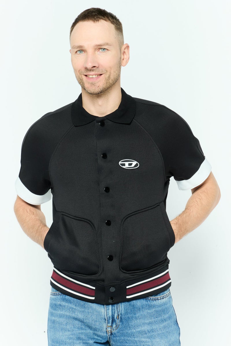 DIESEL كارديجان للرجال بأزرار مفتوحة وأكمام قصيرة بشعار العلامة التجارية، مجموعة سوداء - Image 1