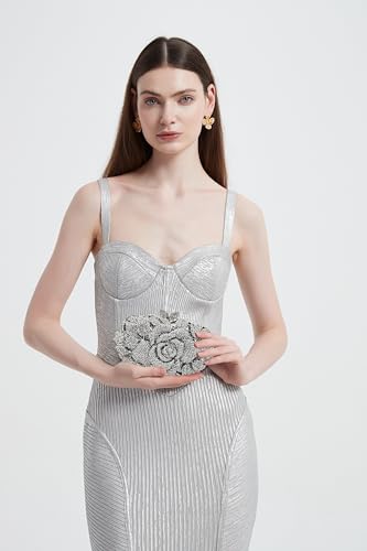 DEBIMY Rose Flower Crystal Purses Sparkly Rhinestone Evening Clutch for Women Wedding Party Cocktail Handbags Silver - Image 2