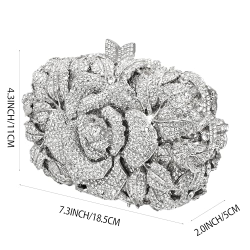 DEBIMY Rose Flower Crystal Purses Sparkly Rhinestone Evening Clutch for Women Wedding Party Cocktail Handbags Silver - Image 4