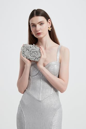 DEBIMY Rose Flower Crystal Purses Sparkly Rhinestone Evening Clutch for Women Wedding Party Cocktail Handbags Silver - Image 3