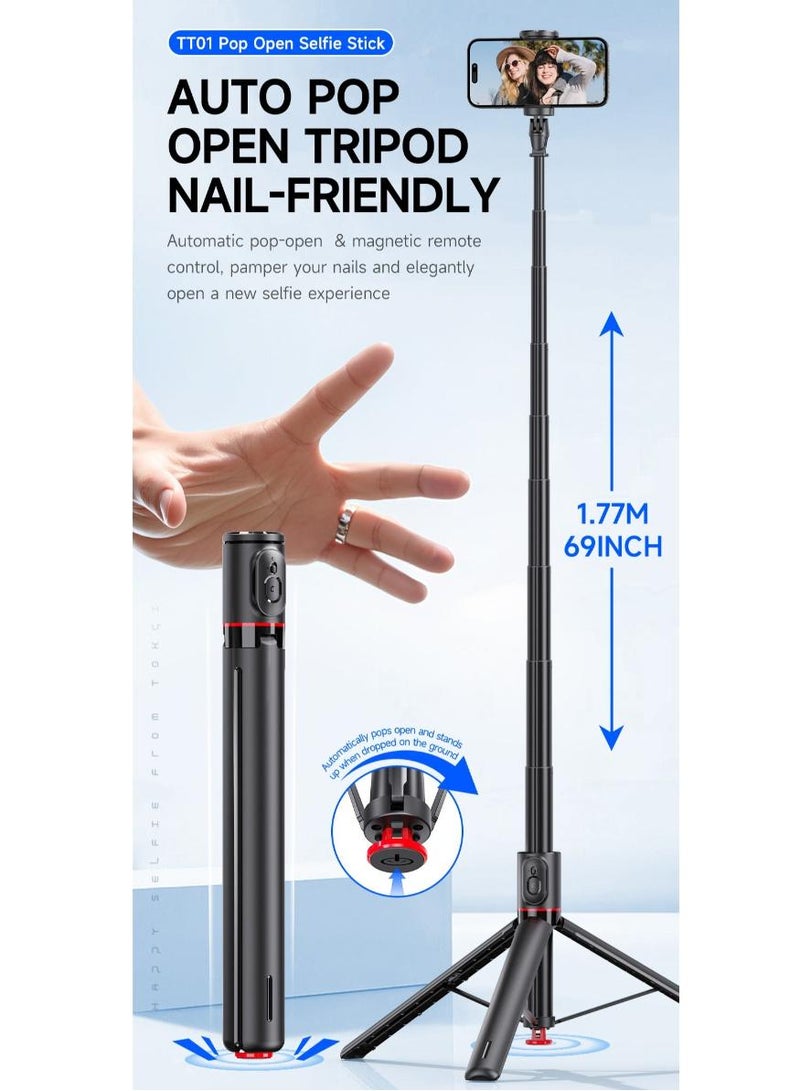 phomemo Auto-Open Tripod Stand, Extendable Selfie Stick with Magnetic Remote, 360° Rotating Stable Phone Holder for Video Recording (1.77M) - Image 2