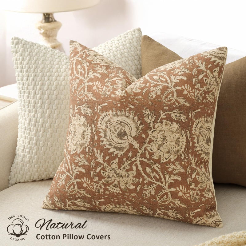 DKwizme Vintage Floral Print Throw Pillow Covers 20x20 Set of 2 Neutral Modern Farmhouse Pillowcases Accent Decorative Cushion Covers Boho Home Decor for Couch Sofa Chair Bed Living Room, Cognac - Image 2