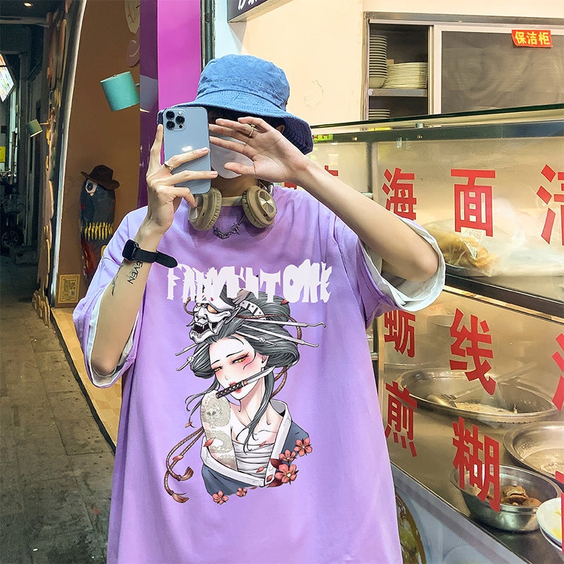 Japanese Printed T-Shirt Men'S Summer Korean Style Trendy Heavy-Duty Short-Sleeved Oversize Teenager Trendy Brand All-Match T-Shirt - Image 1