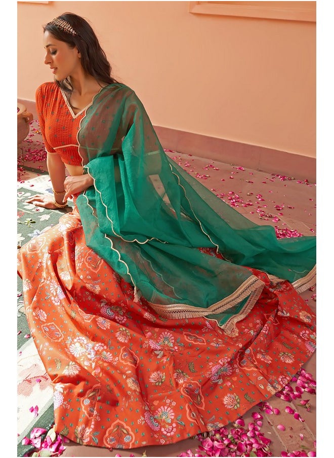 Janasya - Janasya Women's Orange Crepe Silk Digital Floral Printed Lehenga Choli With Dupatta(SET809-LCD-M) - Image 1