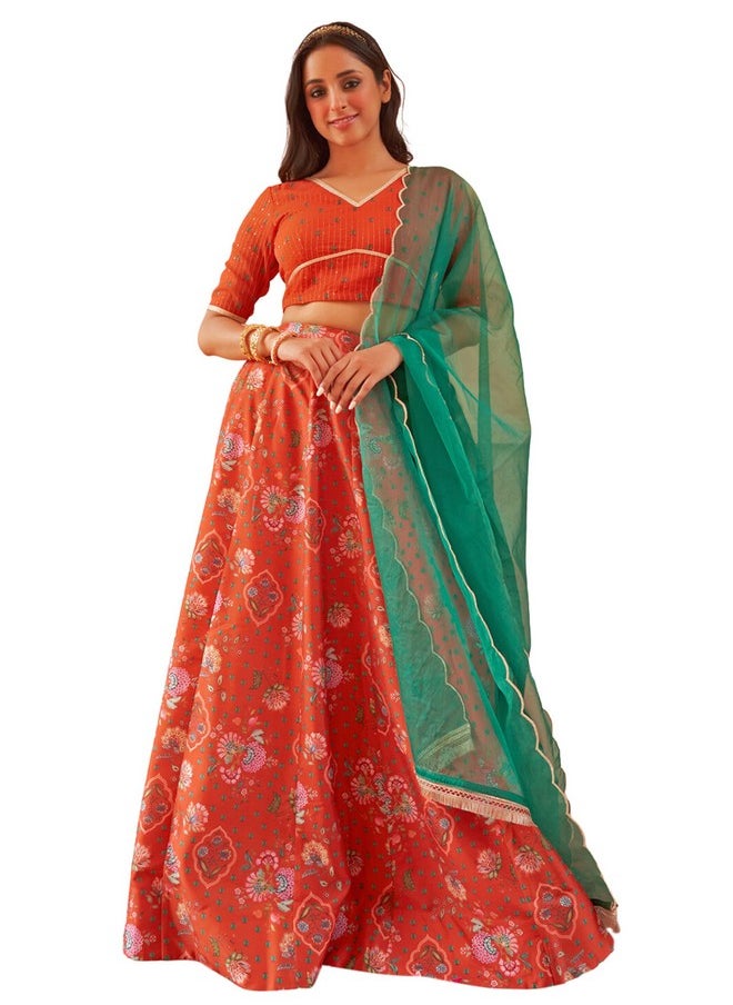 Janasya - Janasya Women's Orange Crepe Silk Digital Floral Printed Lehenga Choli With Dupatta(SET809-LCD-M) - Image 1