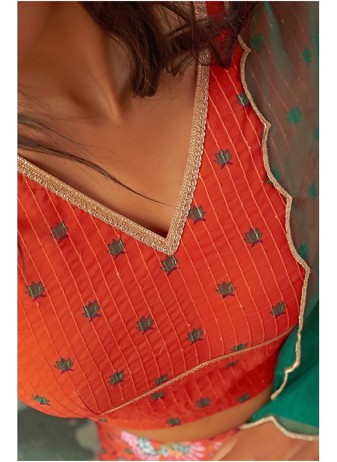 Janasya - Janasya Women's Orange Crepe Silk Digital Floral Printed Lehenga Choli With Dupatta(SET809-LCD-M) - Image 1