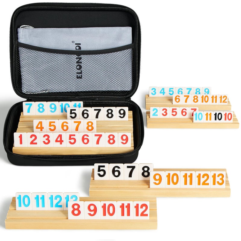 ELONGDI Rummy Cube 6 Player Large Numbers Edition 160 Rummy Tiles with 6 Wooden Racks Portable Case Storage Bag Classic Board Game for Family Adults Kids - Image 3