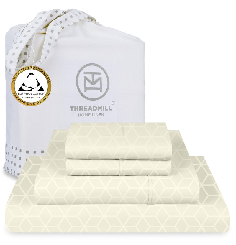 Threadmill ملاءات من القطن المصري من Threadmill لسرير بحجم كينج | طقم ملاءات سرير كينج من القطن المصري المعتمد بنسبة 100% | ملاءات مقاس كينغ مرنة ذات جيب عميق وناعمة من قماش الجاكار الدمشقي المسامي | العاج - Image 1