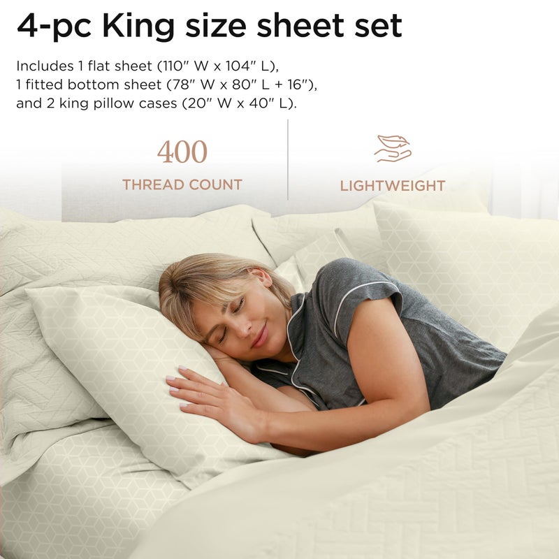 Threadmill ملاءات من القطن المصري من Threadmill لسرير بحجم كينج | طقم ملاءات سرير كينج من القطن المصري المعتمد بنسبة 100% | ملاءات مقاس كينغ مرنة ذات جيب عميق وناعمة من قماش الجاكار الدمشقي المسامي | العاج - Image 2