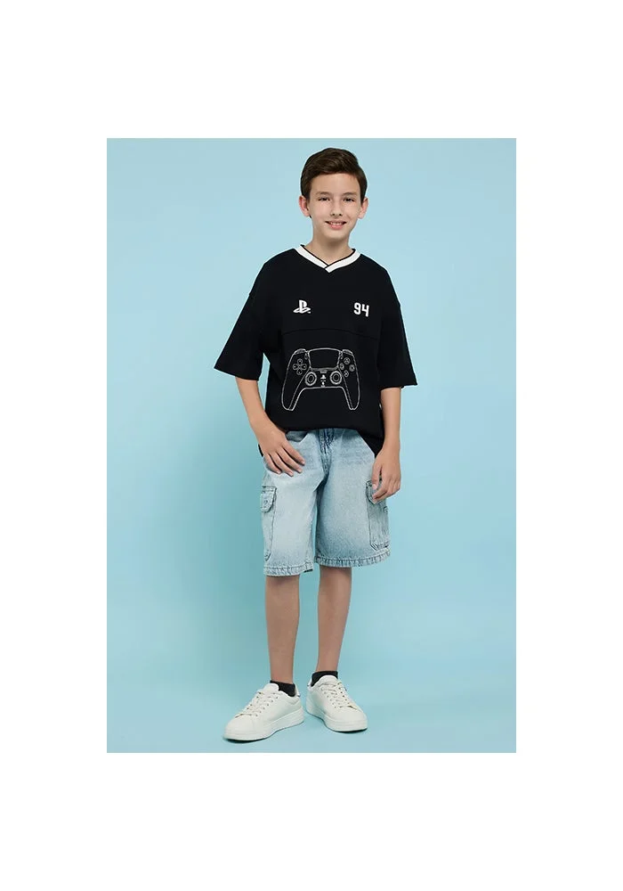 أر أند بي PlayStation Print Oversized T-Shirt with Crew Neck and Short Sleeves