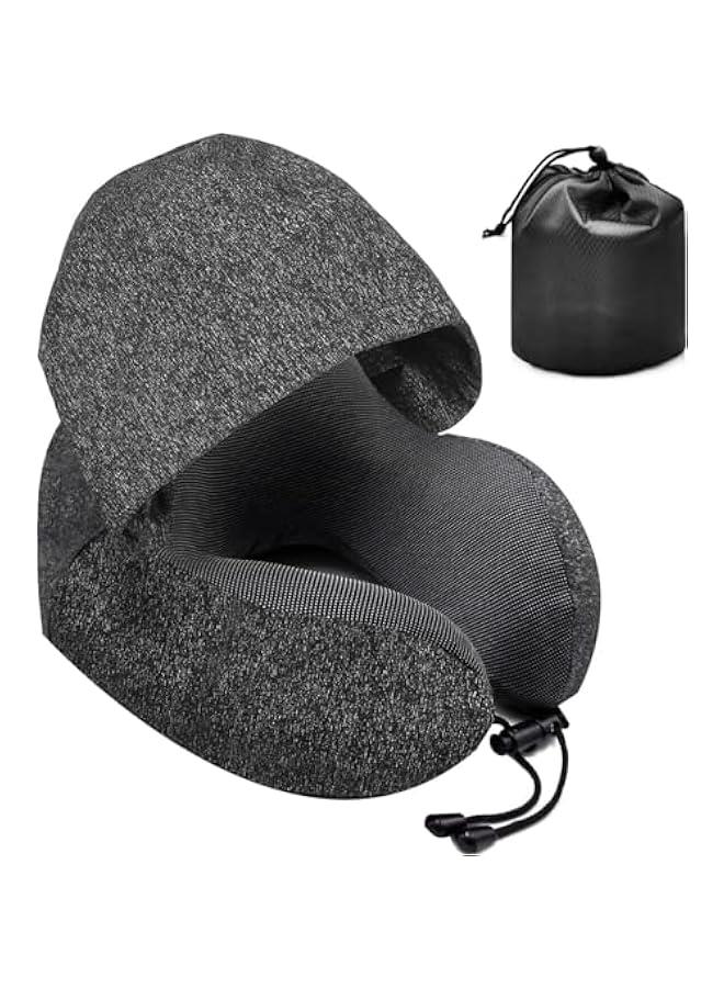 HOOKOR Neck Pillow for Travel, Memory Foam Travel Pillow with Hood, Adult Airplane Pillow for Head Rest Neck Support, Portable Pillow for Office Cars Trains Long Flights Sleeping (Black) - Image 1