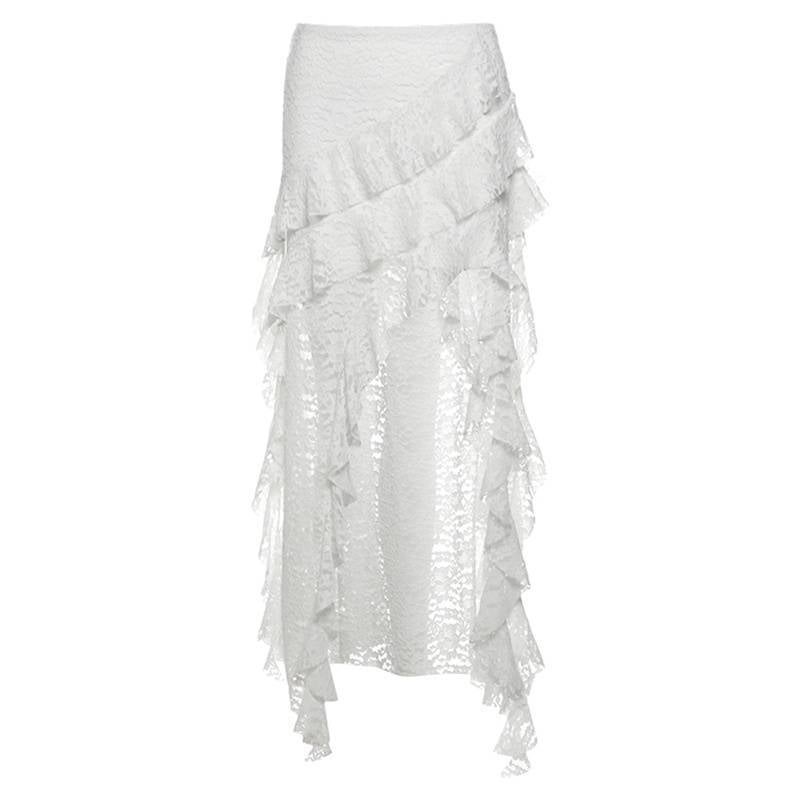 Lotus Leaf Splicing Lace Slimming High Waist Skirt Hot Girl Design Short Skirt New Summer Irregular Cake Long Skirt White lined elastic waist 