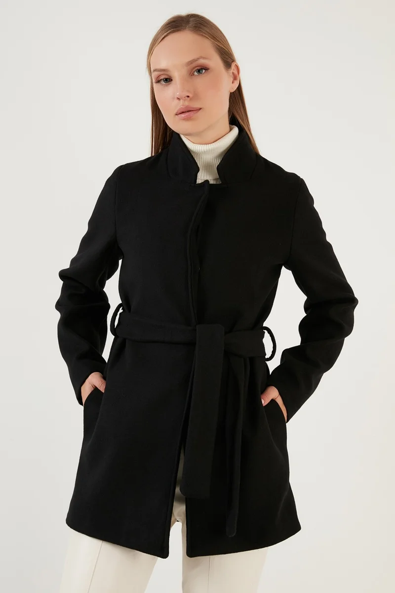 ليلا Cotton Regular Fit Waist Tied High Collar Coat Women's Coat 6380032
