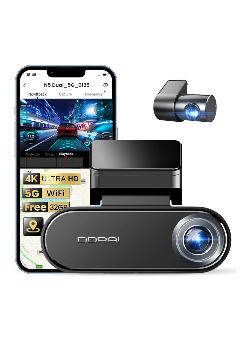DDPAI 4K Dash Cam for Cars, Front and Rear 2160P+1080P Dashcam Built-in 32G eMMC ADAS 5G WiFi GPS with APP Control 24 Hours Parking Monitor, N5 Dual - Image 1