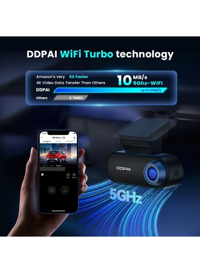 DDPAI 4K Dash Cam for Cars, Front and Rear 2160P+1080P Dashcam Built-in 32G eMMC ADAS 5G WiFi GPS with APP Control 24 Hours Parking Monitor, N5 Dual - Image 5