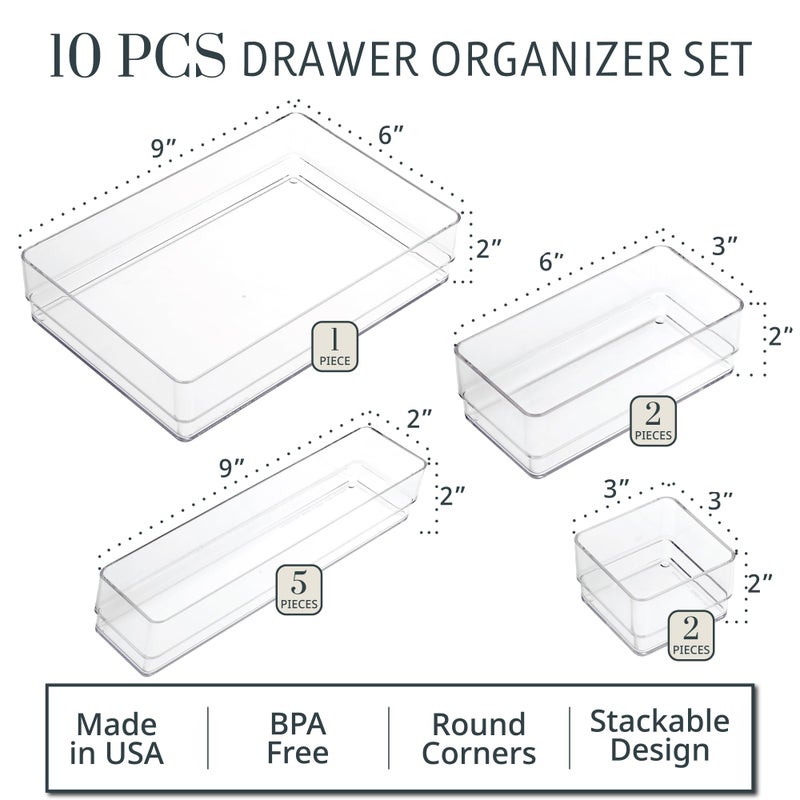 STORi SimpleSort 10-Piece Stackable Clear Drawer Organizer Set | Multi-size Trays | Makeup Vanity Storage Bins and Office Desk Drawer Dividers | Made in USA - Image 2
