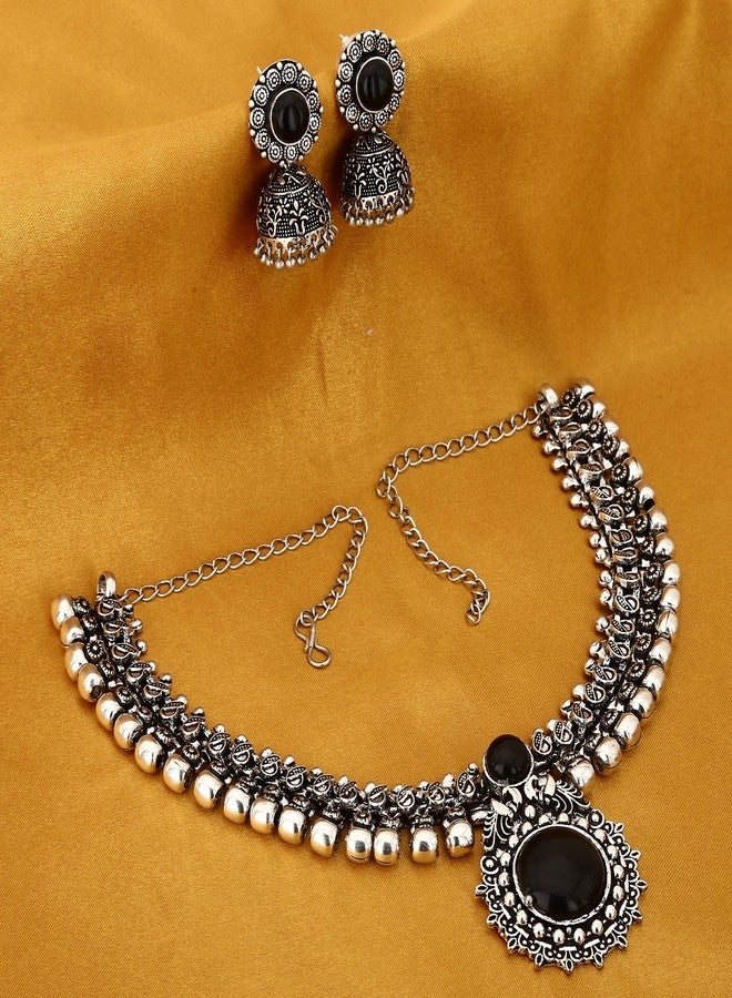 Sasitrends Oxidised German Silver Necklace with Jumki for Women & Girls (Black) - Image 4