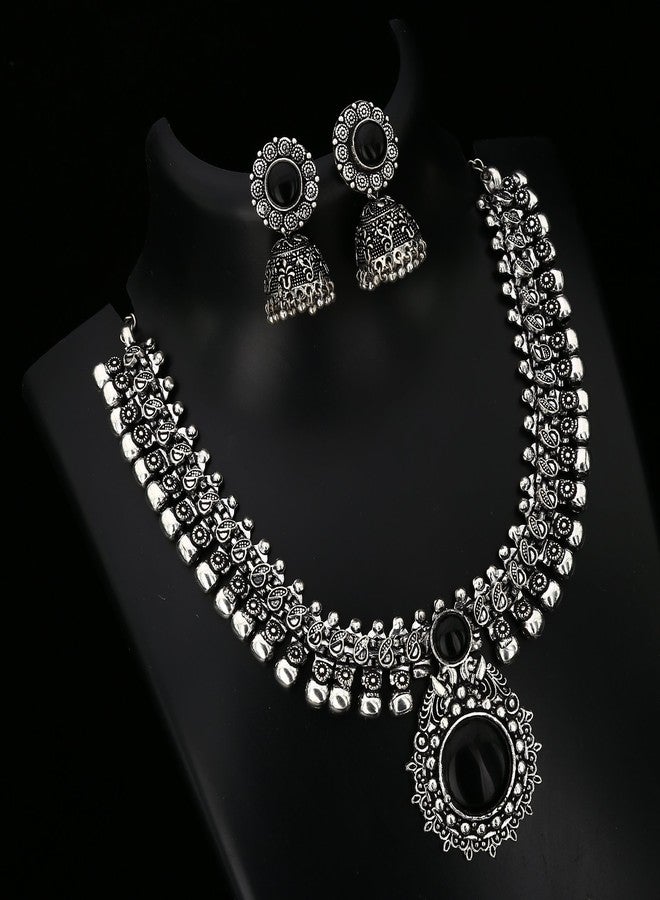 Sasitrends Oxidised German Silver Necklace with Jumki for Women & Girls (Black) - Image 3