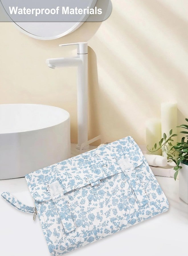 Relavel Small Hanging Toiletry Bag for Men and Women, Portable Hanging Organizer for Travel-Sized Shower Dopp Kit, Waterproof Toiletries Organizer with 3 Compartments for Outdoor - Blue Flower - Image 5
